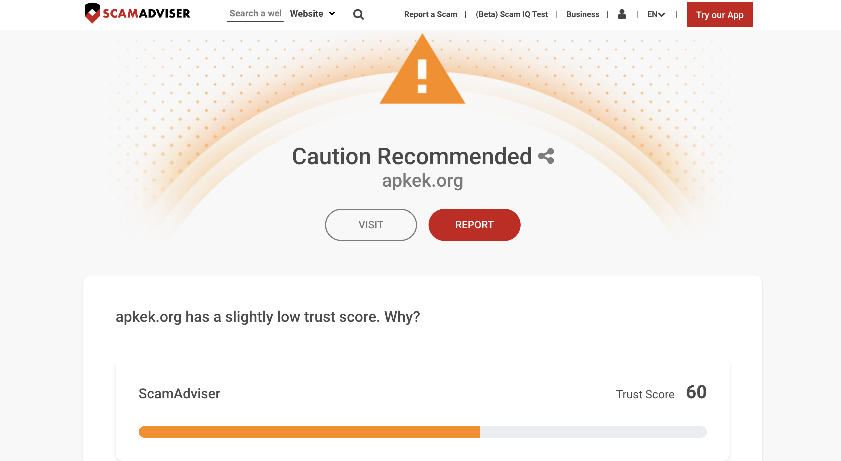 Scamadviser trust score result for apkek.org showing uncertain rating