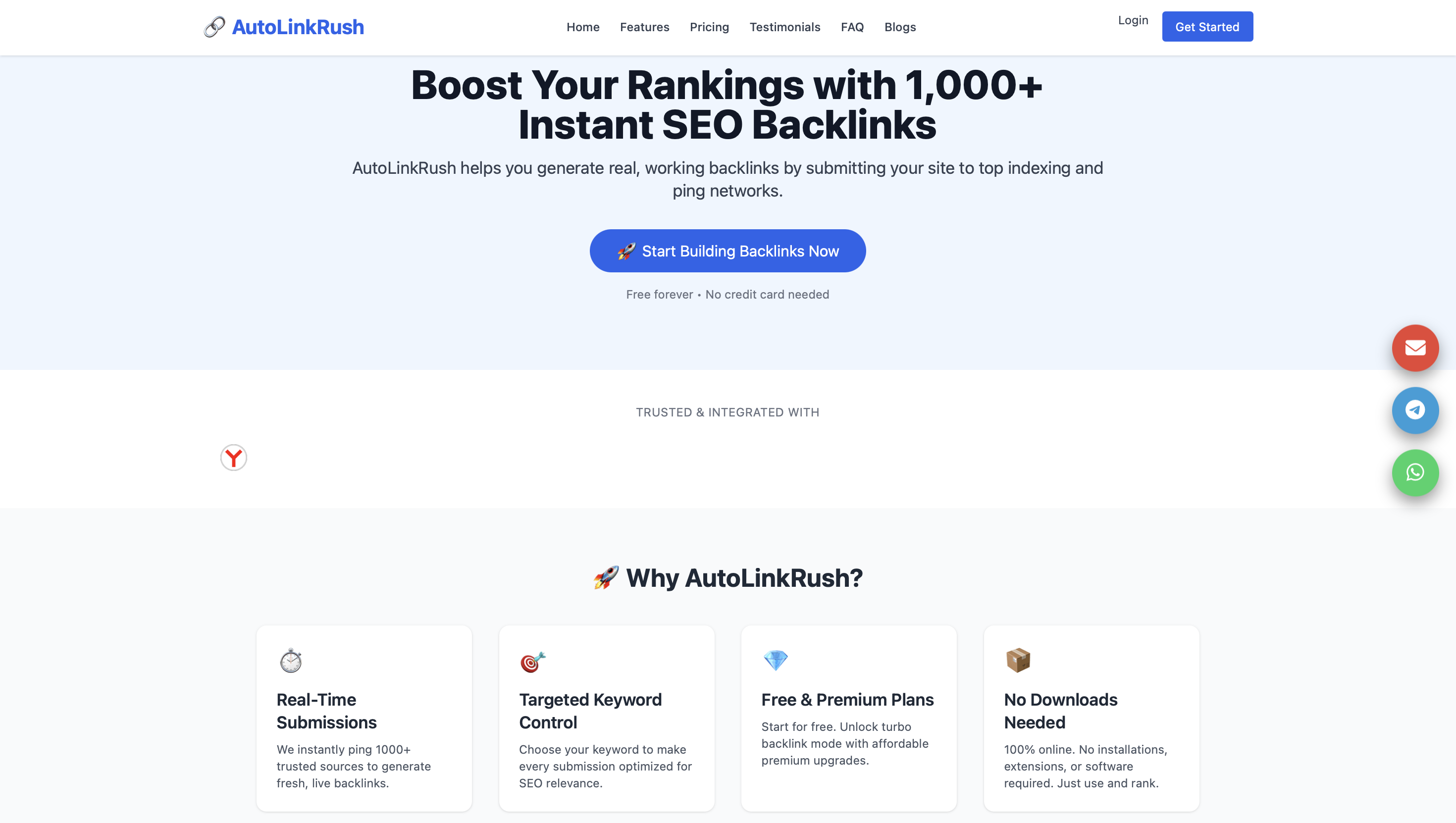 AutoLinkRush.com homepage showing the automated backlink generator interface with URL and keyword input fields