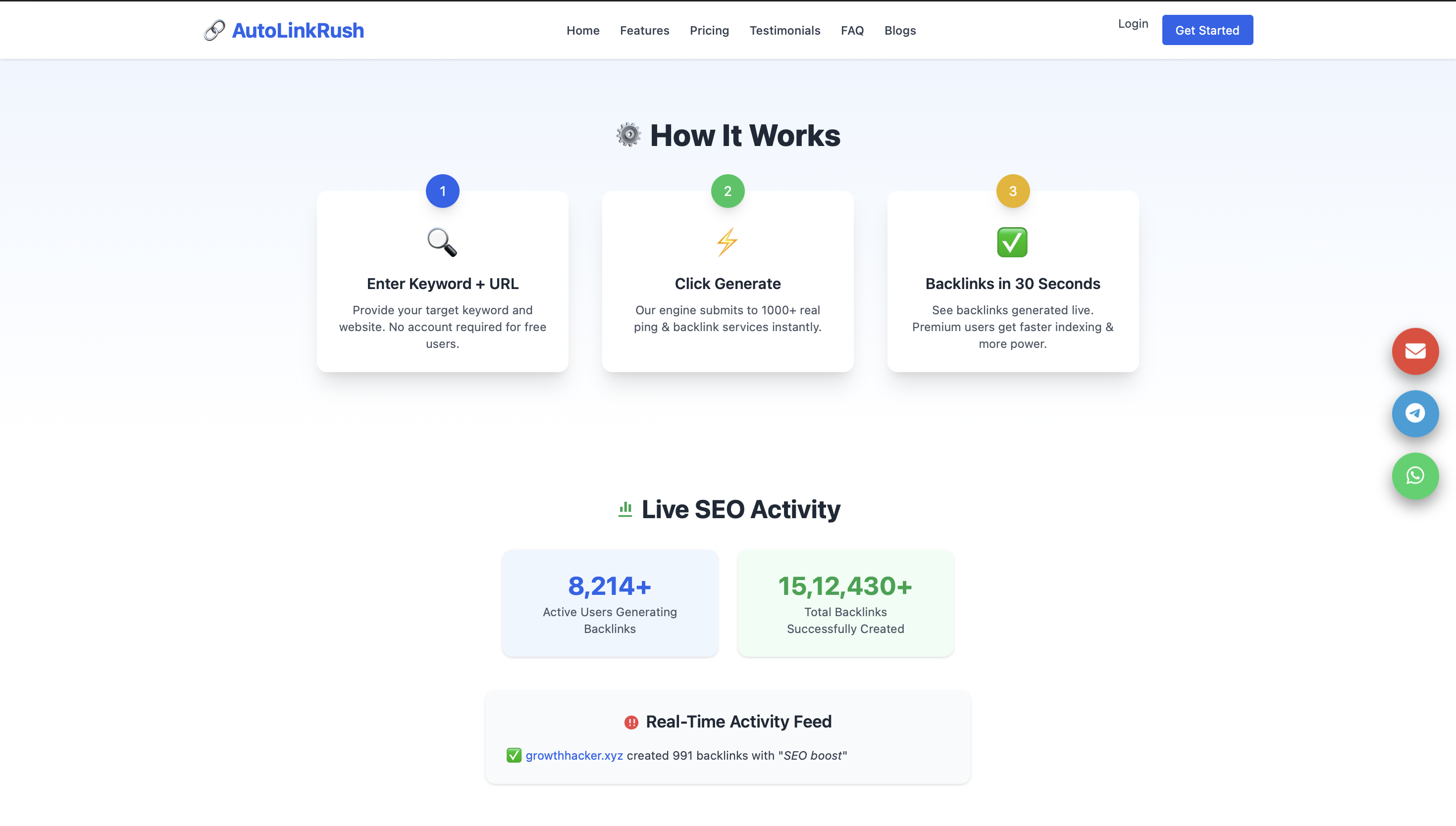 AutoLinkRush.com dashboard showing backlink generation results with reported link count after clicking generate