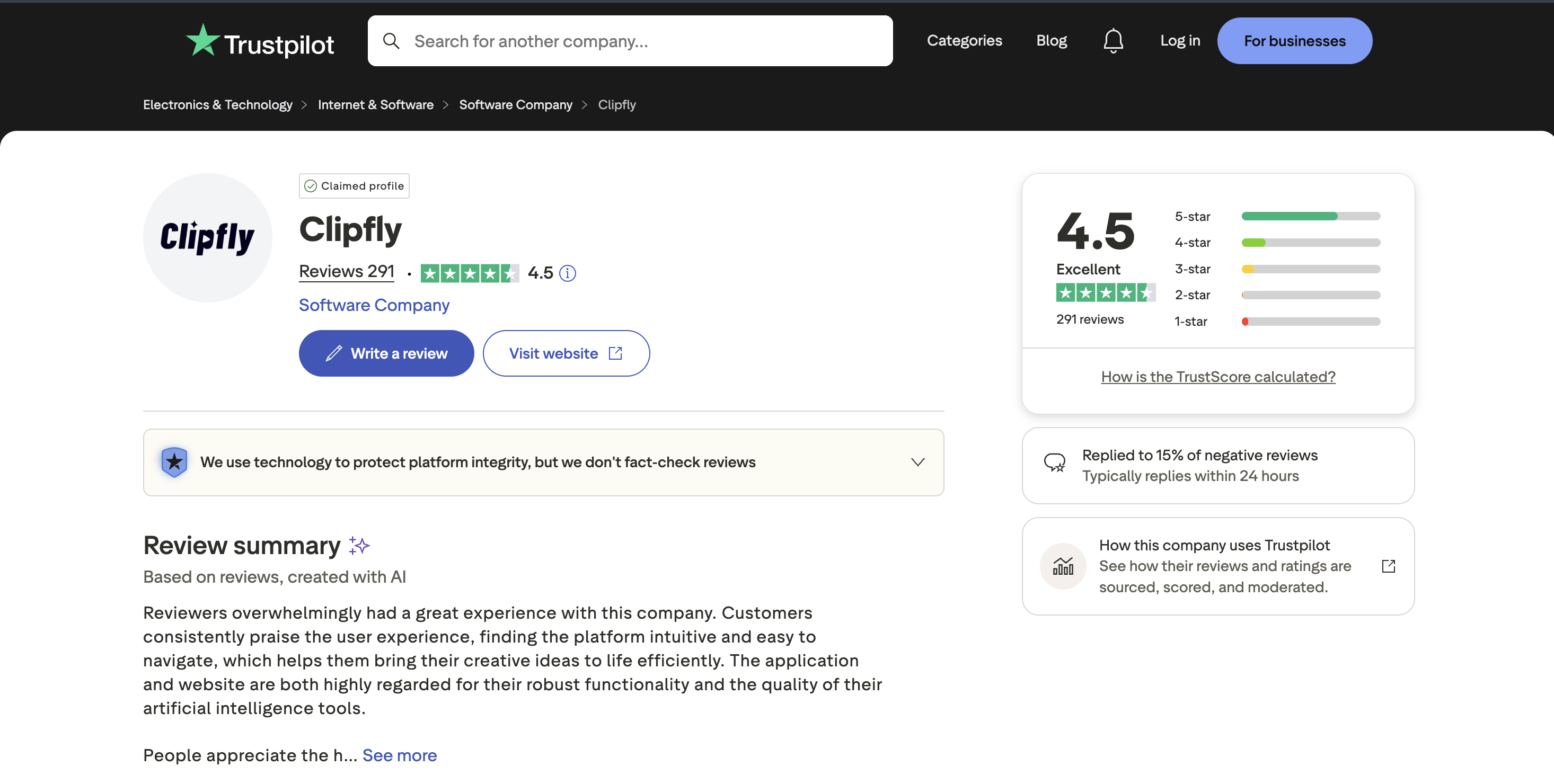 Clipfly Trustpilot page showing 4.5 star rating with 0% verified reviews and overwhelmingly short, generic positive reviews in 2026