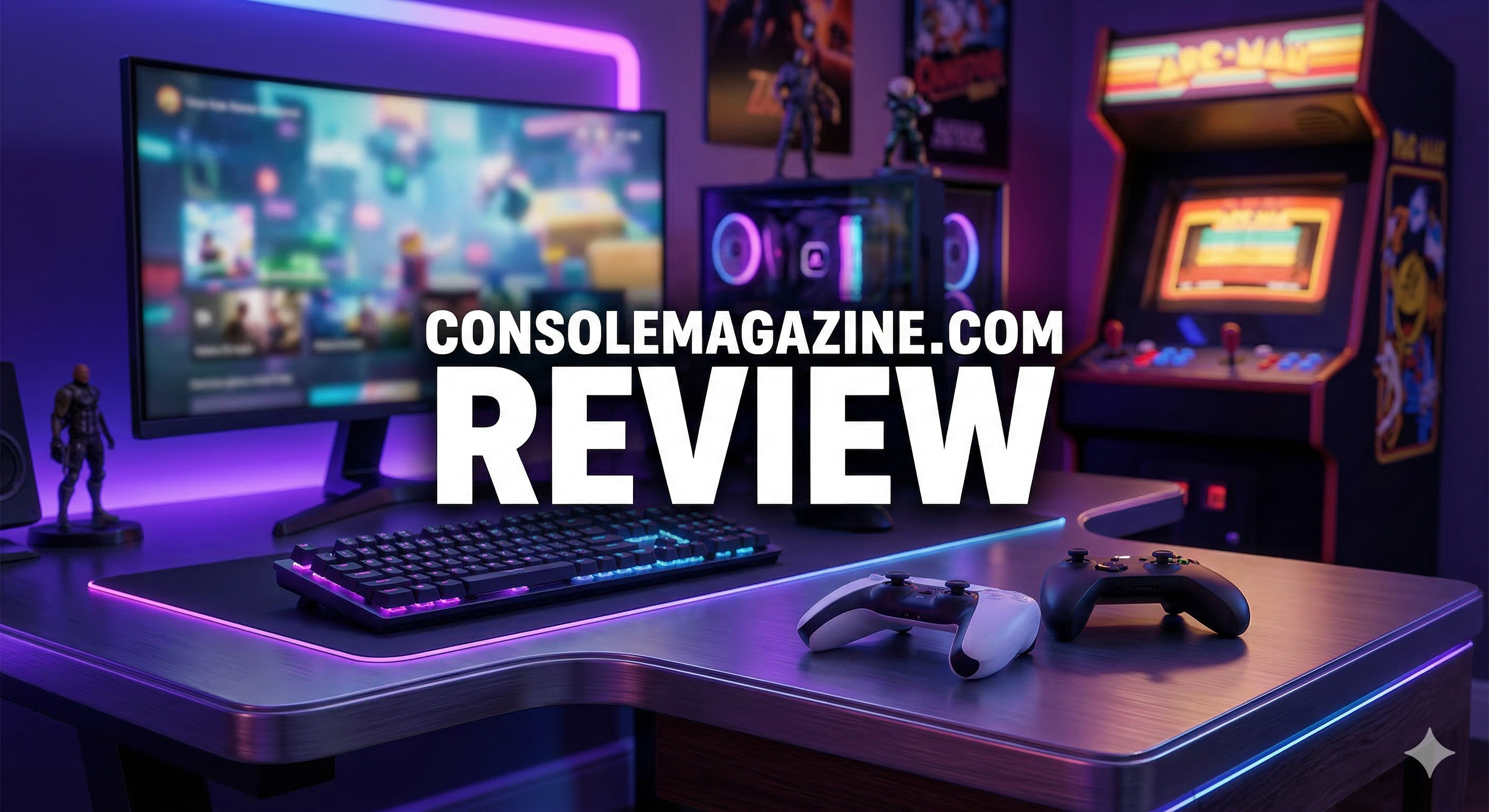 A modern gaming setup featuring the ConsoleMagazine.com review title.