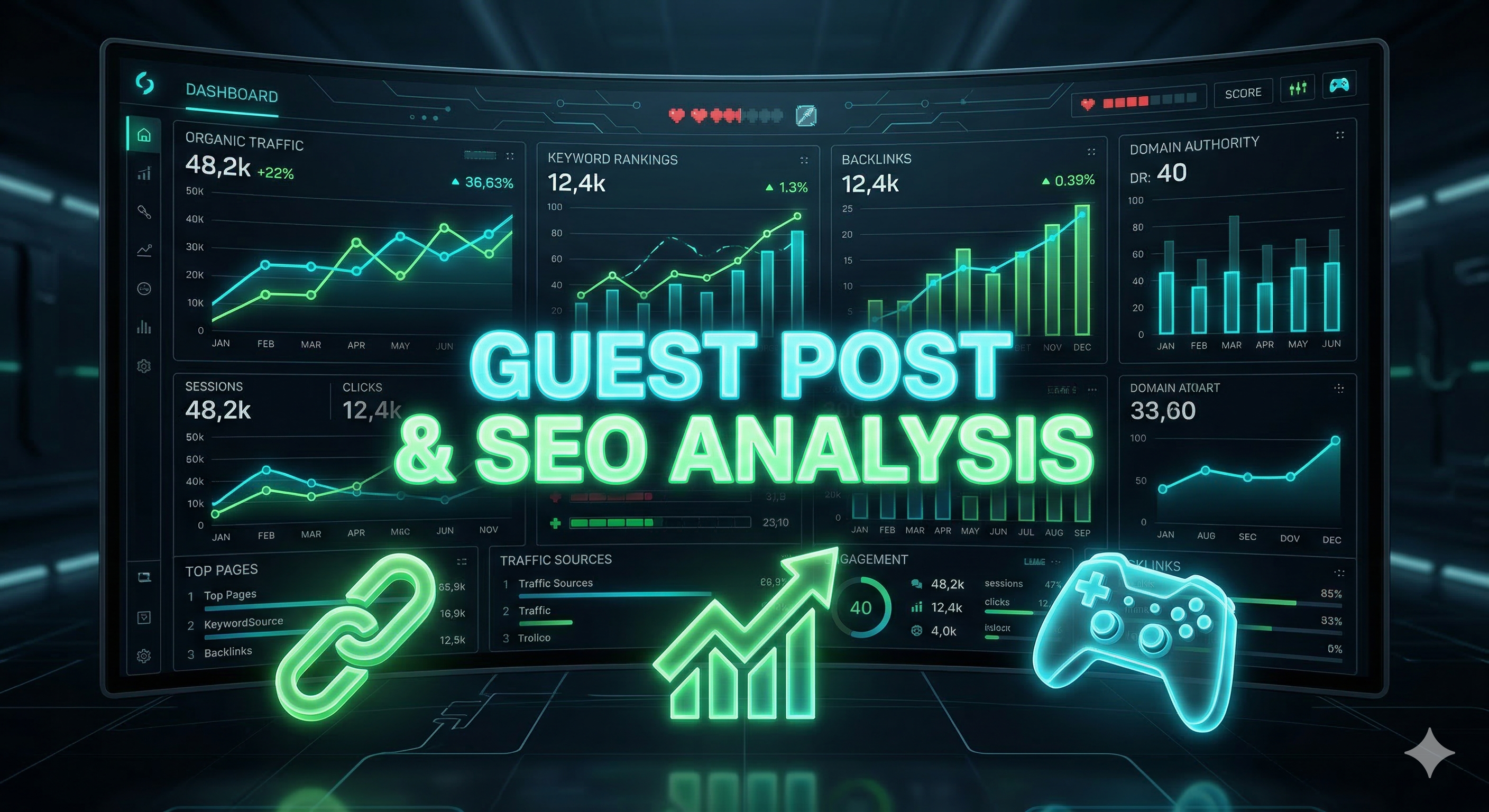 Digital dashboard showing SEO analytics, guest posting metrics, and a gaming controller.