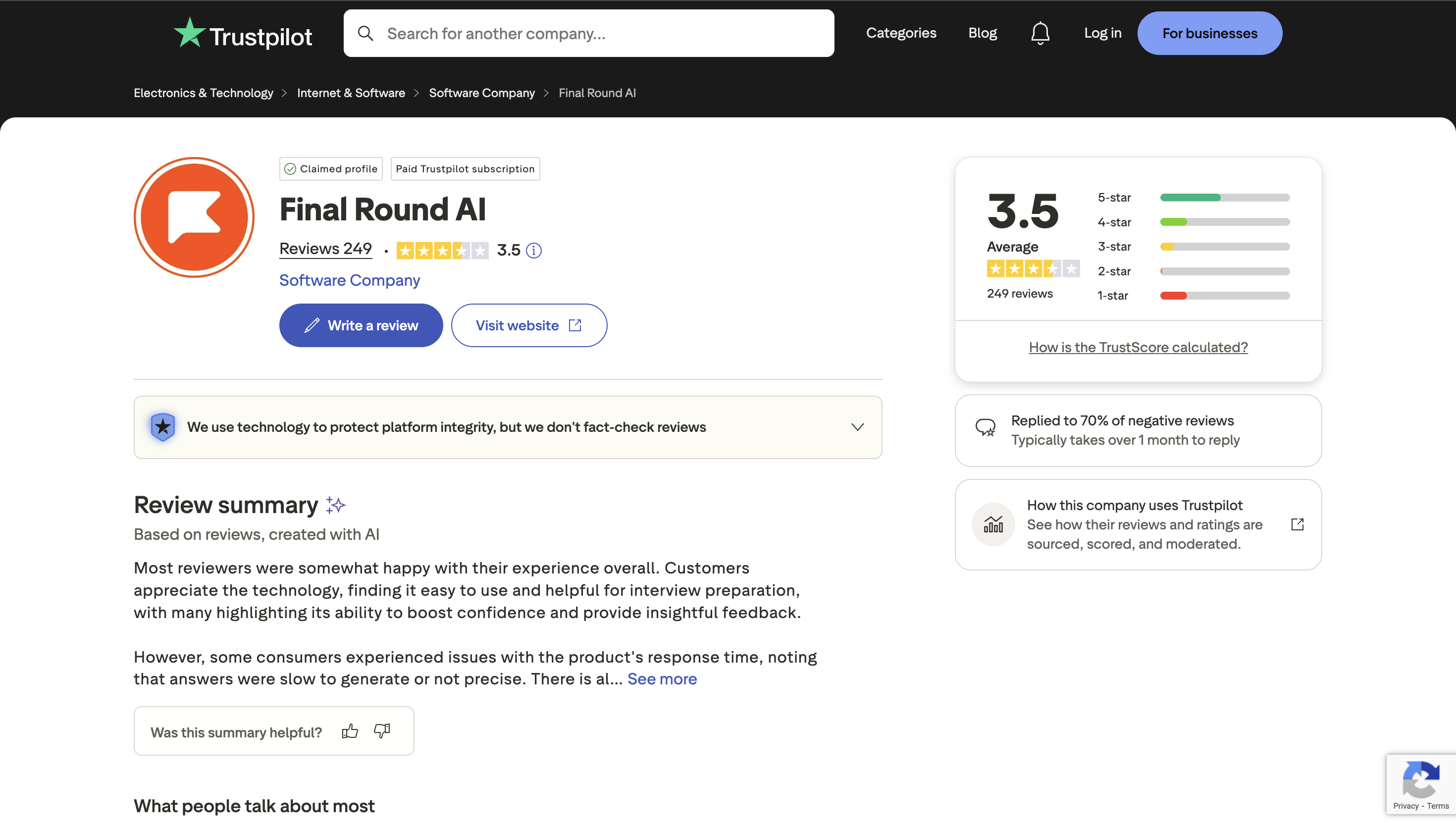Final Round AI Trustpilot page showing 3.3 star rating with polarized distribution in 2026