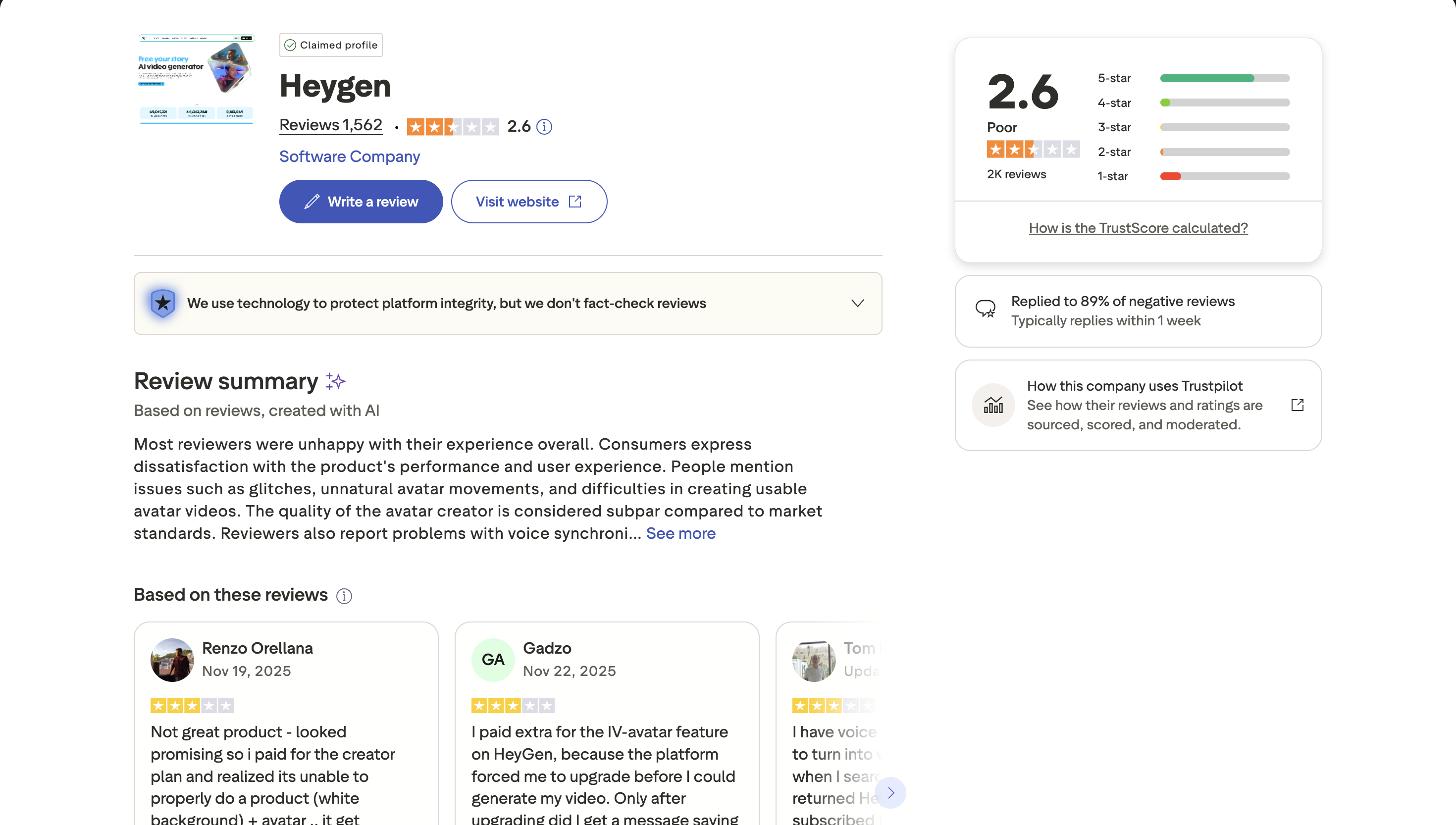 HeyGen Trustpilot profile showing 2.6 star rating and negative review summary