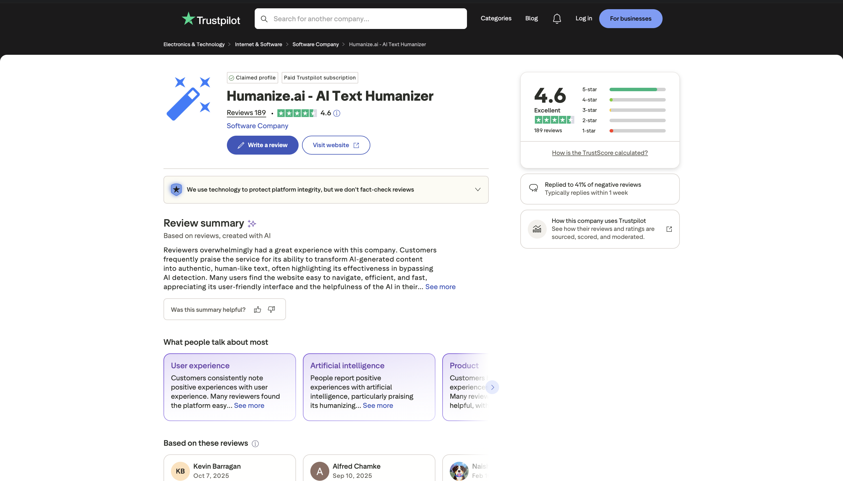 Humanize AI Trustpilot page showing 4.6 star rating with 83 percent five-star reviews but low review quality in 2026