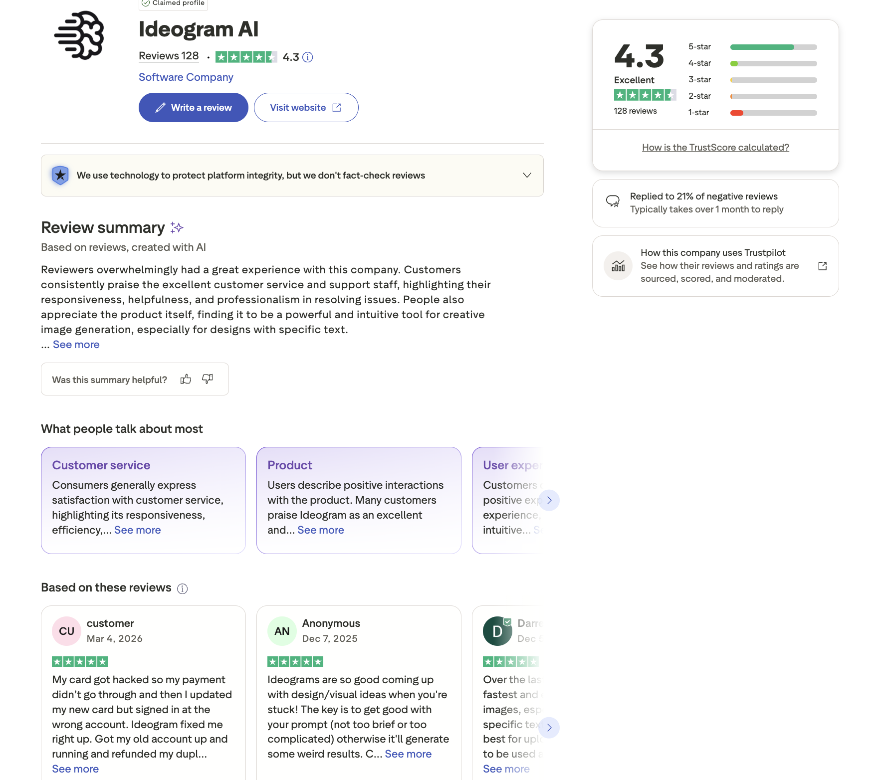Ideogram AI Trustpilot page showing 4.4 star rating with 85% positive reviews in 2026