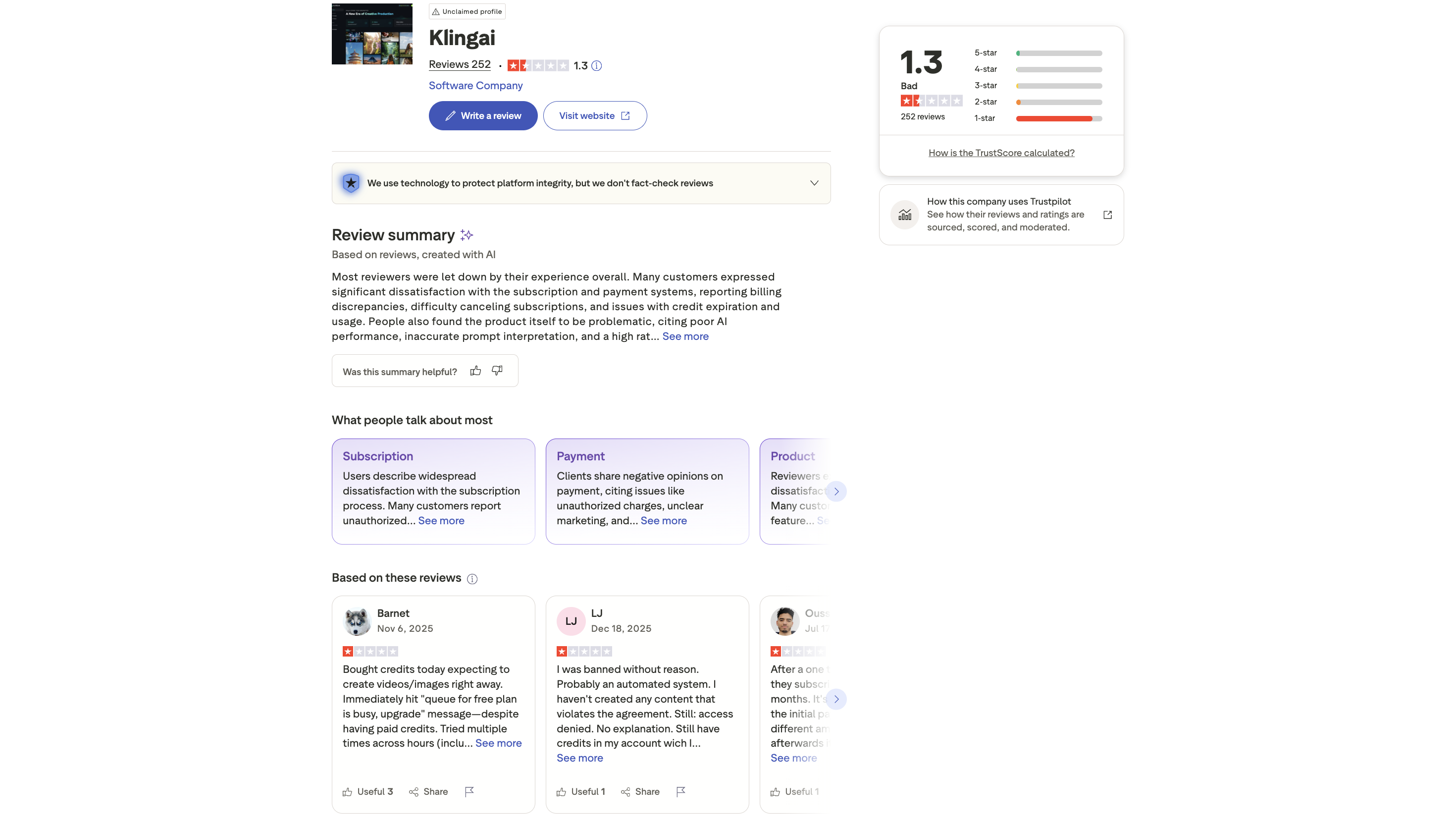 Kling AI Trustpilot page showing 1.2 star rating with 90 percent of reviews being 1-star in 2025