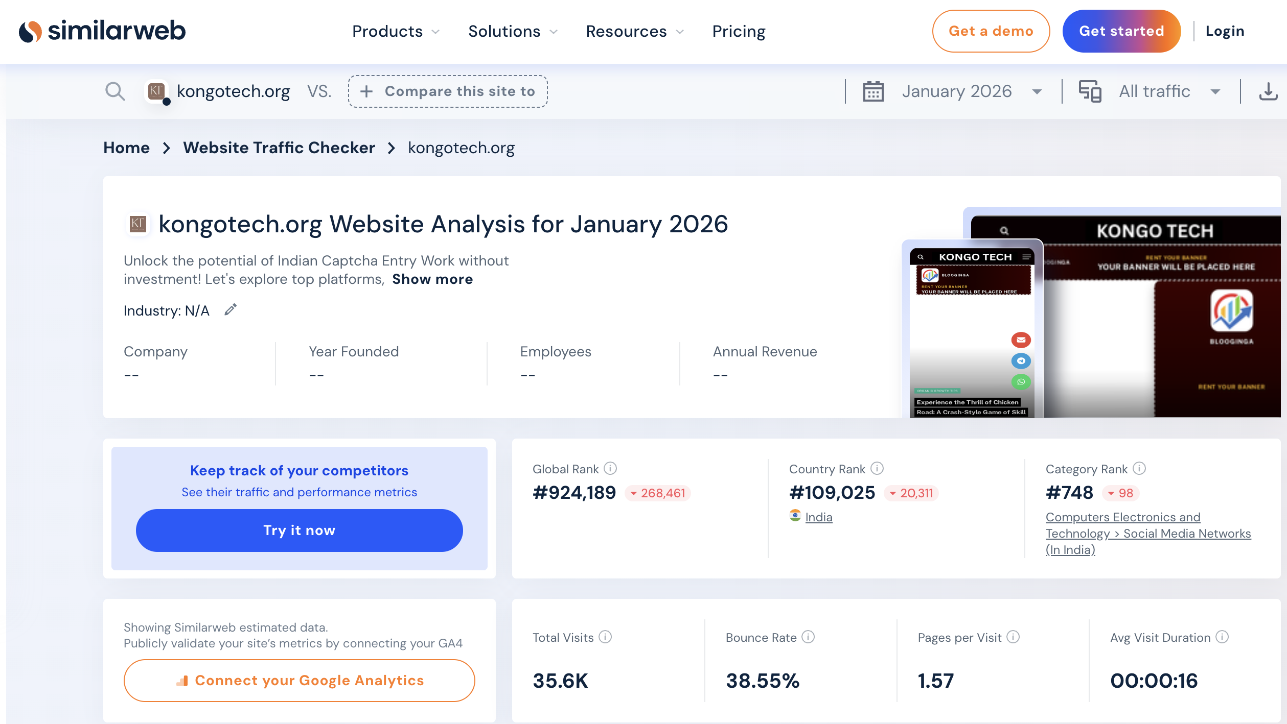 Similarweb traffic overview for kongotech.org showing ~35K monthly visits and 37% month-over-month decline