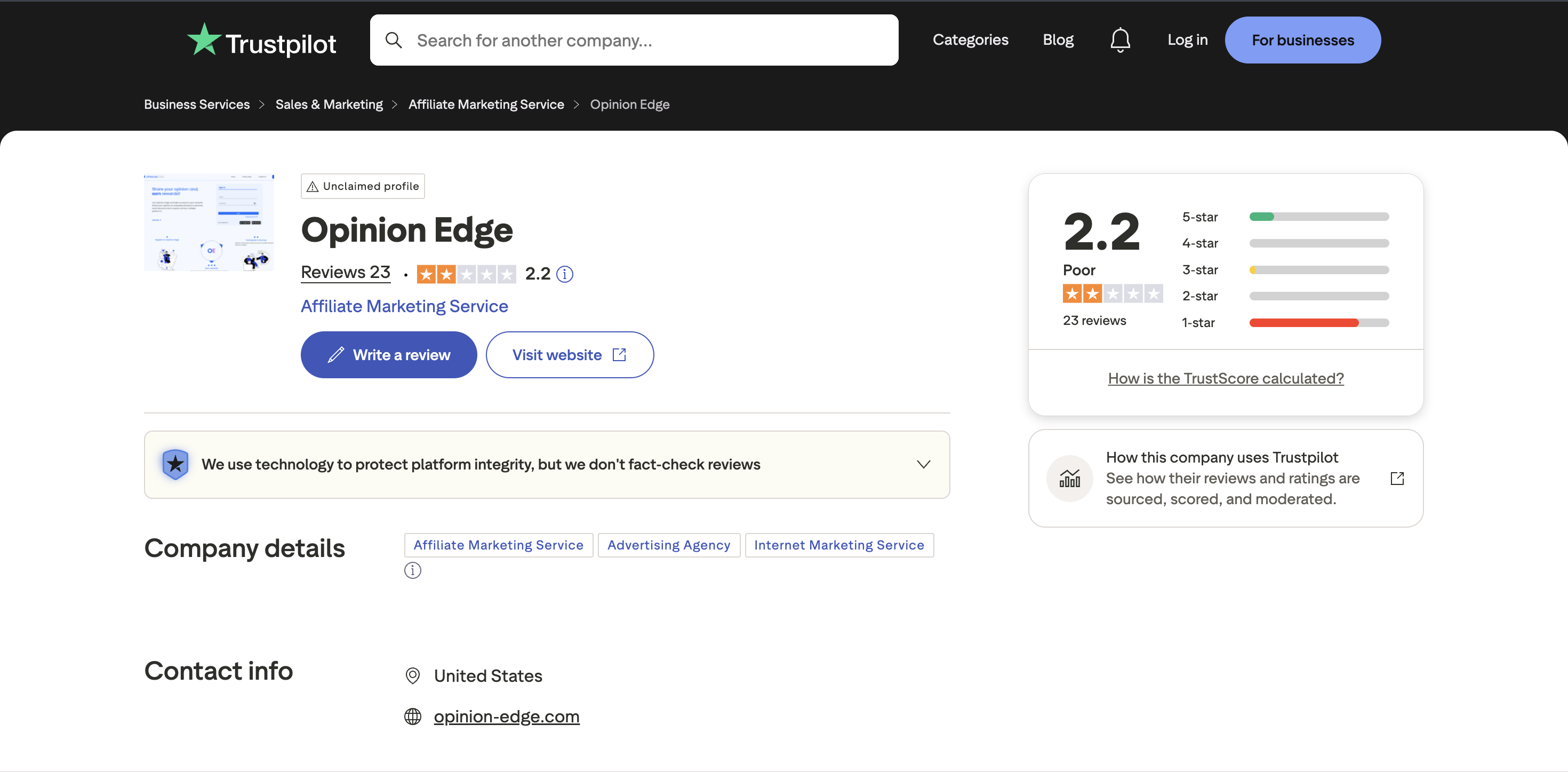 Opinion Edge Trustpilot page showing 2.1 star rating with 70 percent of reviews being 1-star in 2026