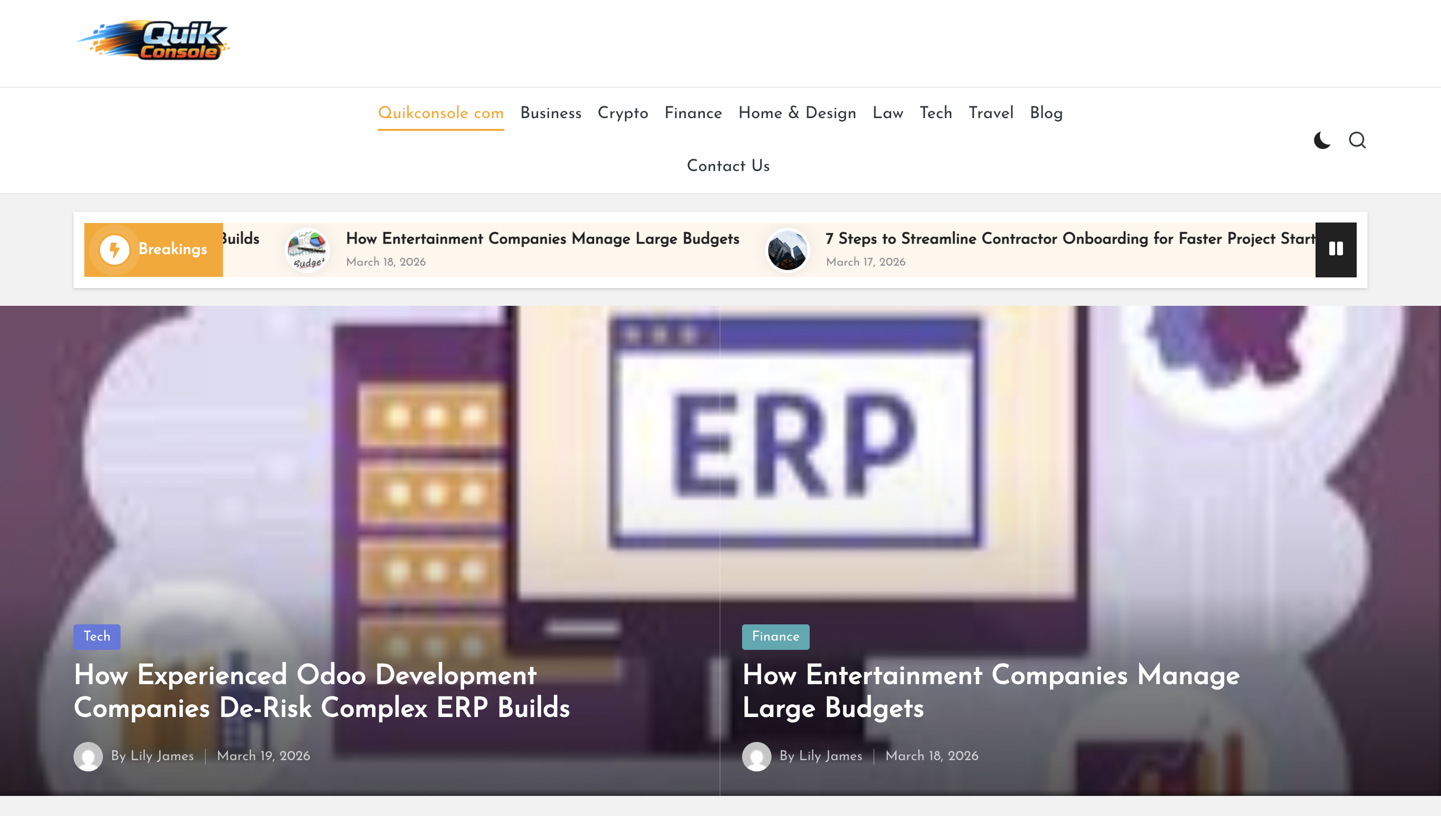 QuikConsole.com homepage showing blog-style content layout instead of a functional software product or developer console