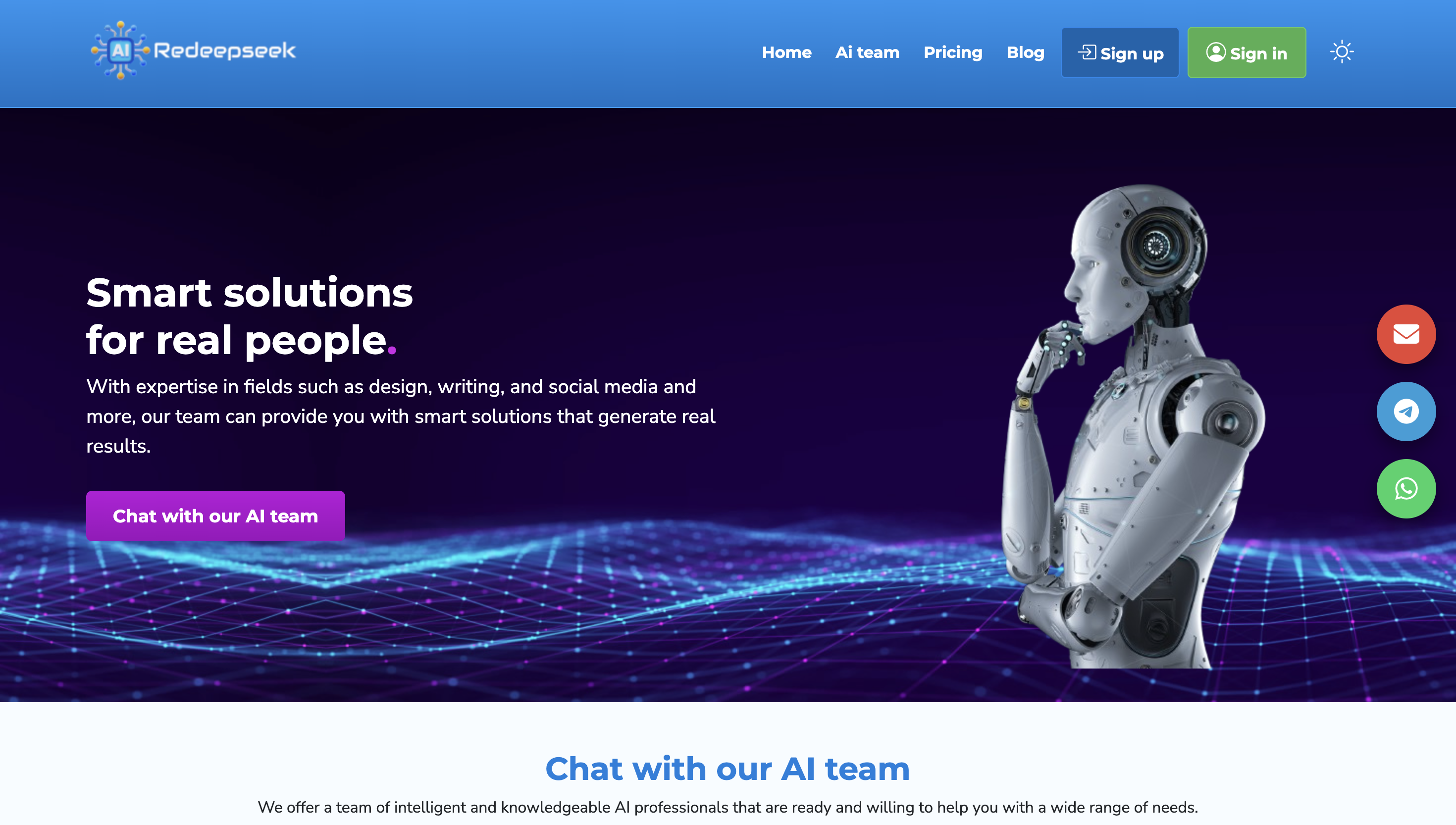 RedeepSeek.com homepage showing the AI specialist team interface with role-based expert categories
