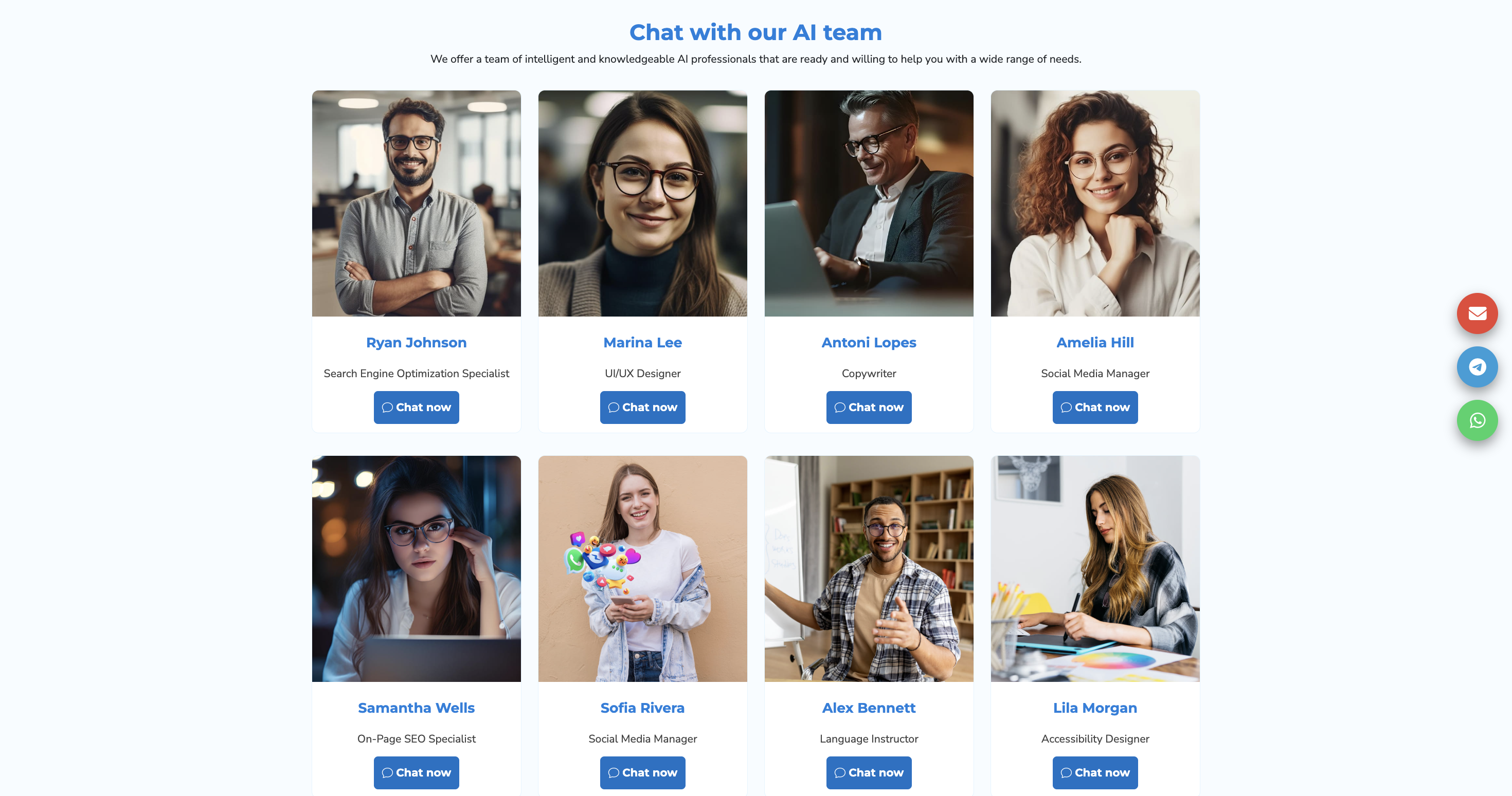 RedeepSeek.com AI specialist selection screen showing different expert categories like SEO, design, finance and content writing