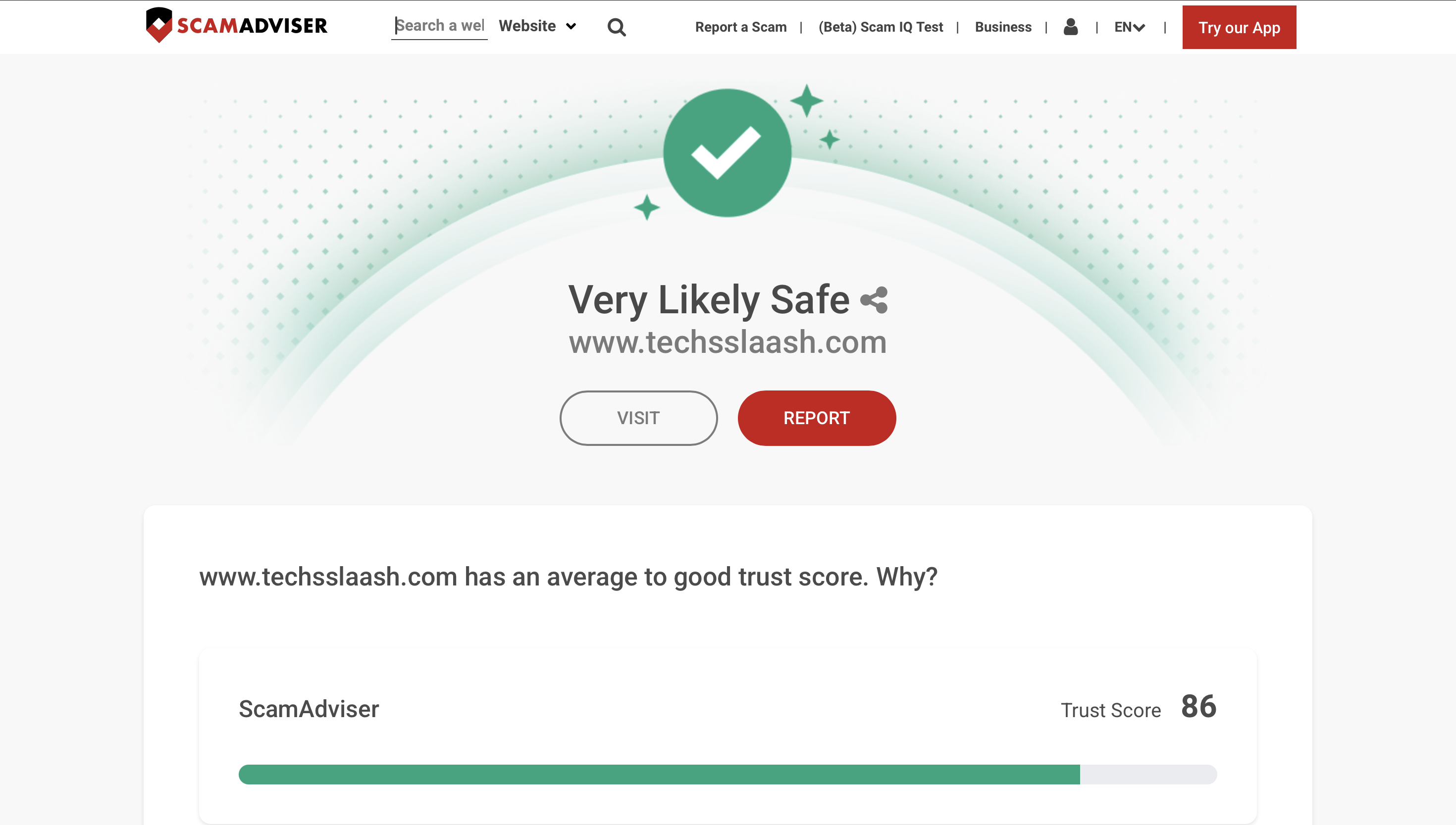Scamadviser trust score for techsslaash.com showing uncertain rating with hidden owner and young domain flags