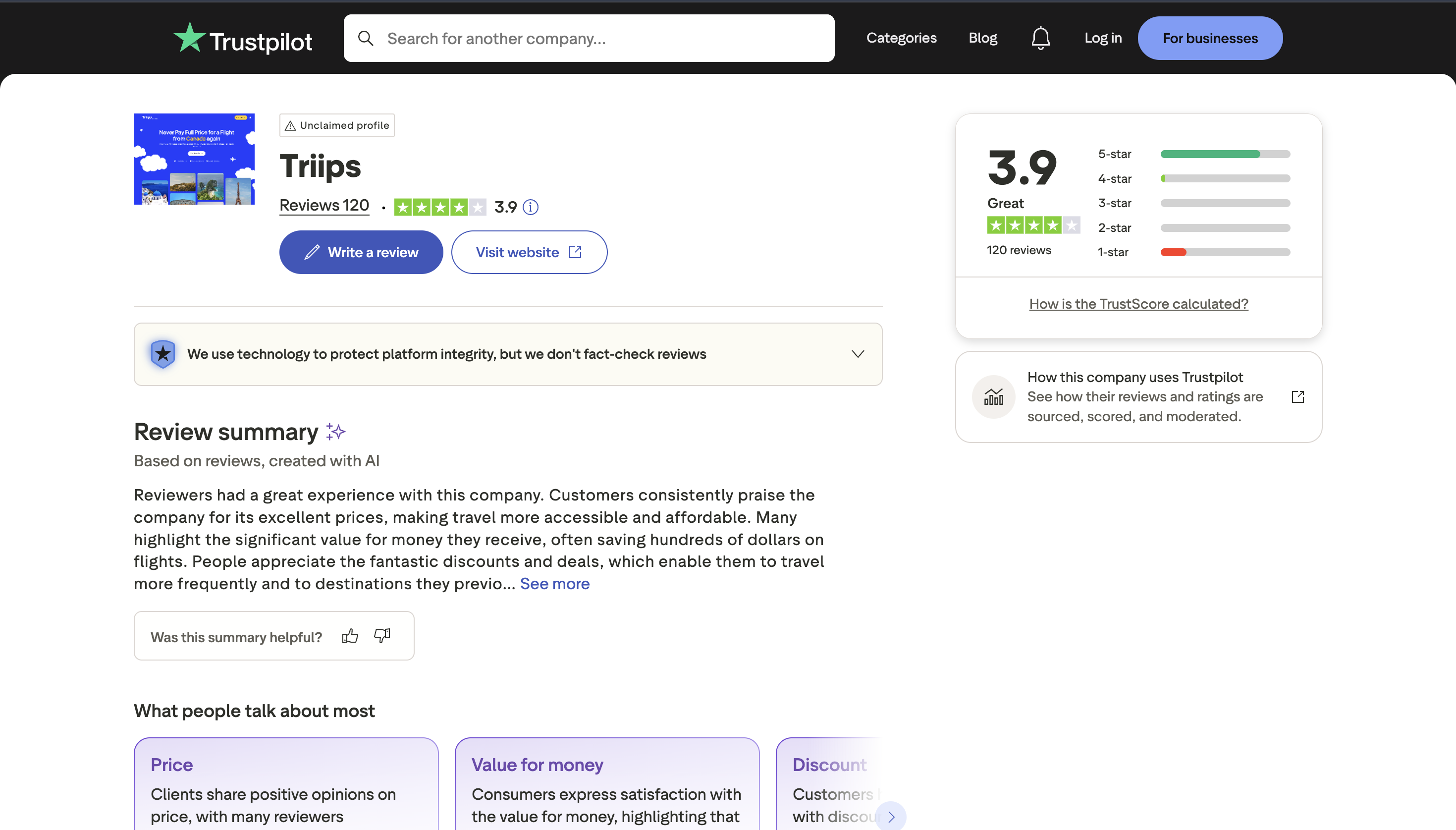 Triips.com Trustpilot page showing 4.1 star rating with zero verified reviews and extreme polarization between 5-star and 1-star ratings in 2025