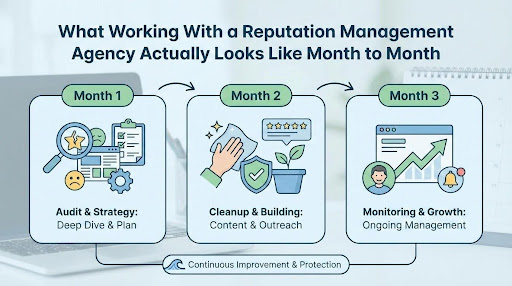 Month-by-month breakdown of reputation management process showing audit, cleanup, monitoring, and growth phases