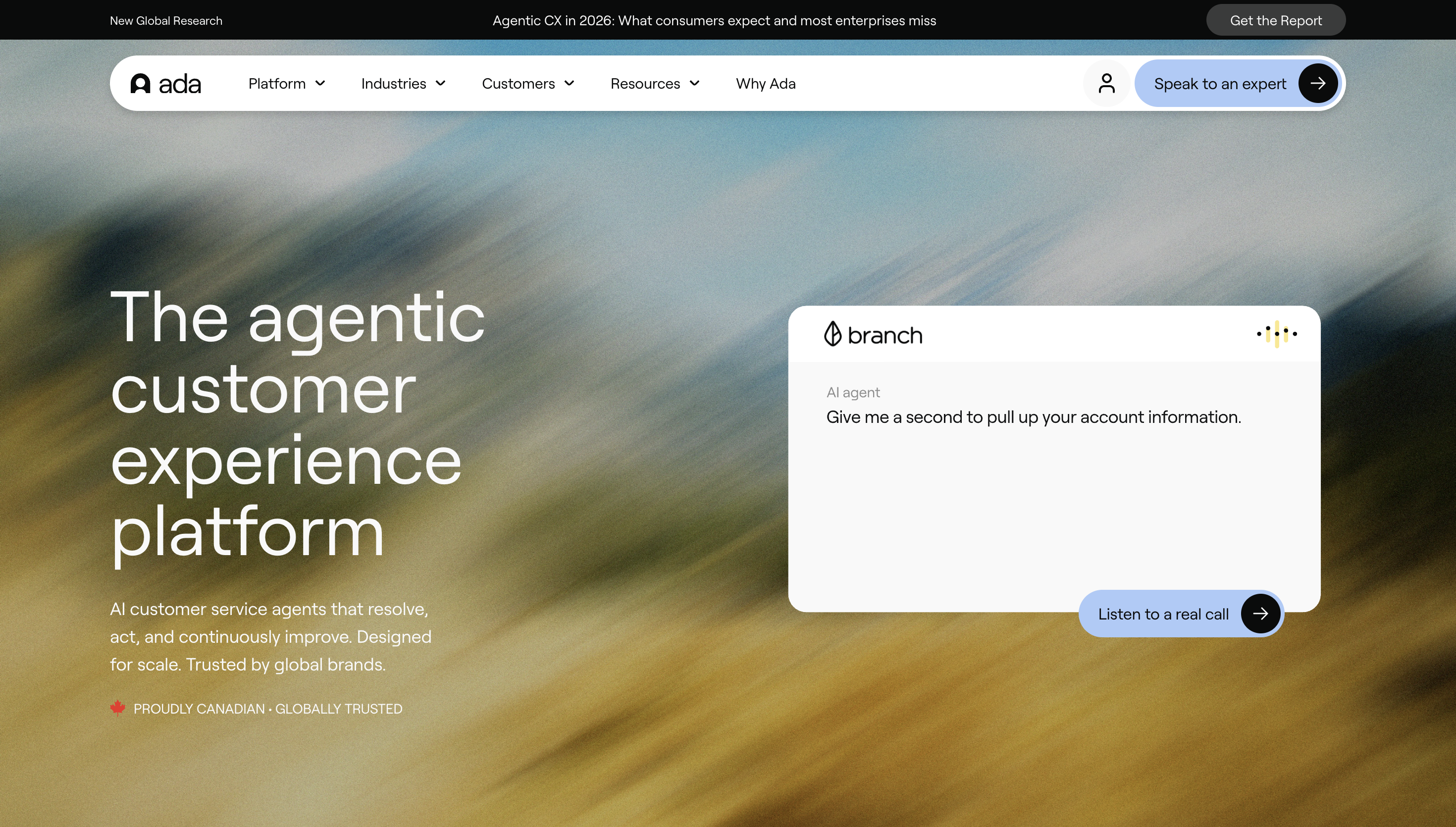 Ada AI customer service agent dashboard